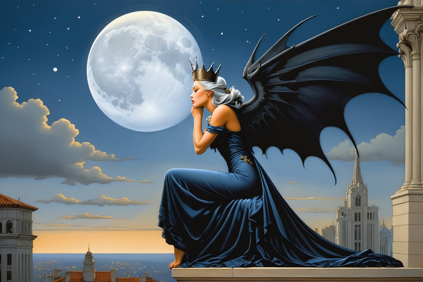side view. extreme long shot,  michael parkes style, a beautiful young queen of gargoyles with gargoyle wings, long grey-blue hair, an elaborate black silk gown and a crown is sitting next to gargoyles on the top of a very tall building. her eyes are open and she has a serene expression. its night time with a full moon. a gargoyle is getting ready to land on the building. stars are in the sky.  michael parkes, artist study hands. ,1girl,Masterpiece,SD 1.5,realistic