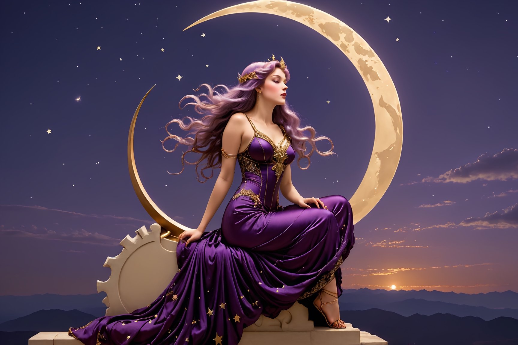 side view. full body shot, extreme long shot,  michael parkes style, pre-raphaelite, a beautiful young magical witch woman with long purple hair is sitting on a shiny golden crescent moon in the night sky. she is wearing an elaborate purple silk gown with intricate gold embroidery patterns. a gargoyle is flying near the moon and woman. stars are in the sky. glowing obs of various sizes are floating in the sky,  michael parkes, artist study hands. ,1girl,Masterpiece