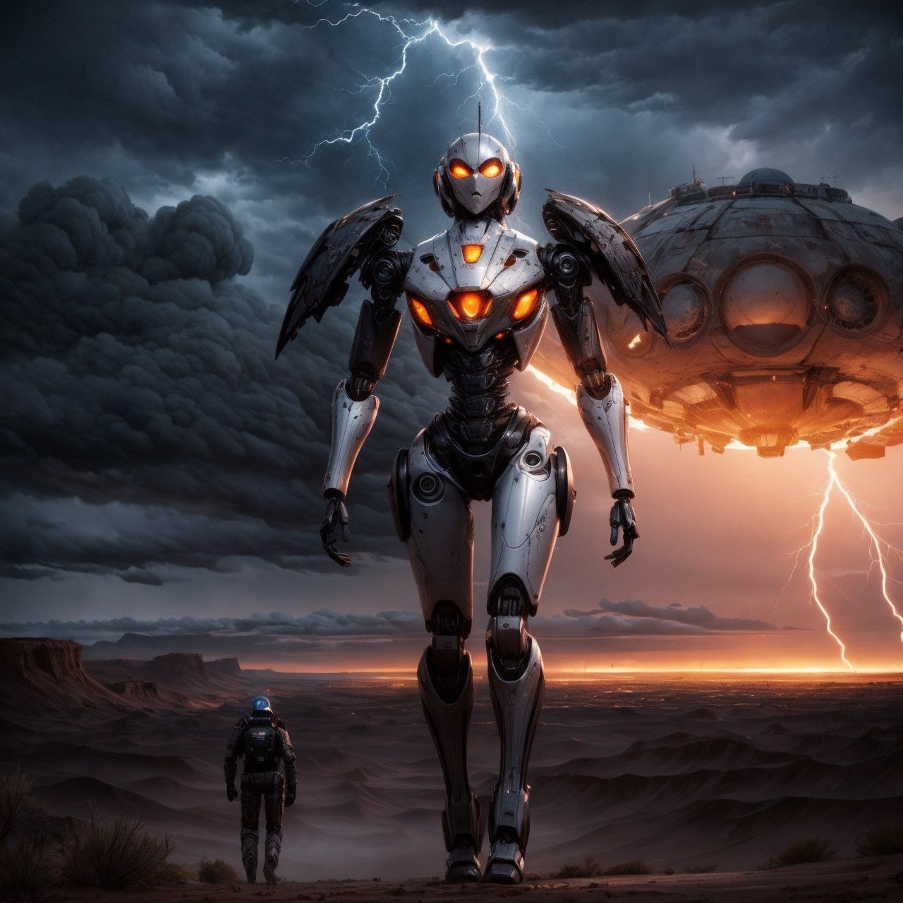a giant, 20 ft tall android humanoid shaped robot is walking across the desert menacing. the android is metallic and machine like, rusty parts, shiny metal. a beautiful female human explorer is sitting on the robots shoulder showing the way forward. a detailed background of a vast alien desert landscape, sandstone ruins, sandstone hills, red sand, a stormy sky, dark menacing storm clouds, lightening illuminating the black clouds. windy, deserted, , SD 1.5, perfect hands,