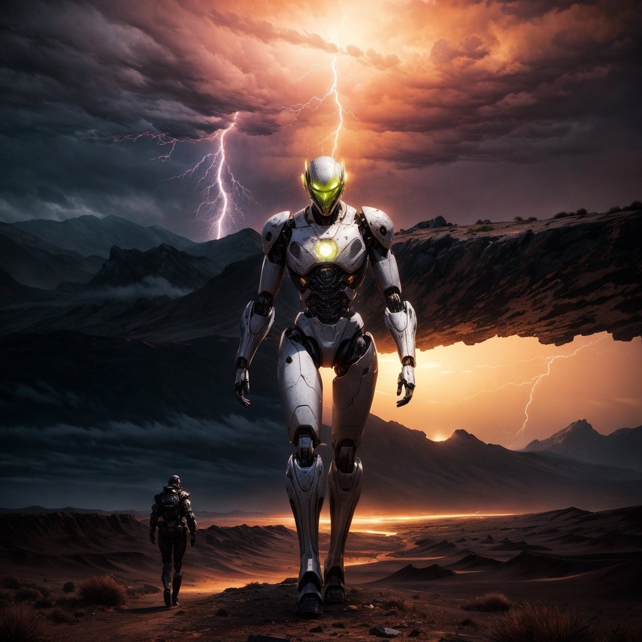a giant, 20 ft tall android humanoid shaped robot is walking across the desert menacing. the android is metallic and machine like, rusty parts, shiny metal. a female mercenary is walking in front of ther robot. a detailed background of a vast alien desert landscape, sandstone ruins, sandstone hills, red sand, a stormy sky, dark menacing storm clouds, lightening illuminating the black clouds. windy, deserted, , SD 1.5, perfect hands,