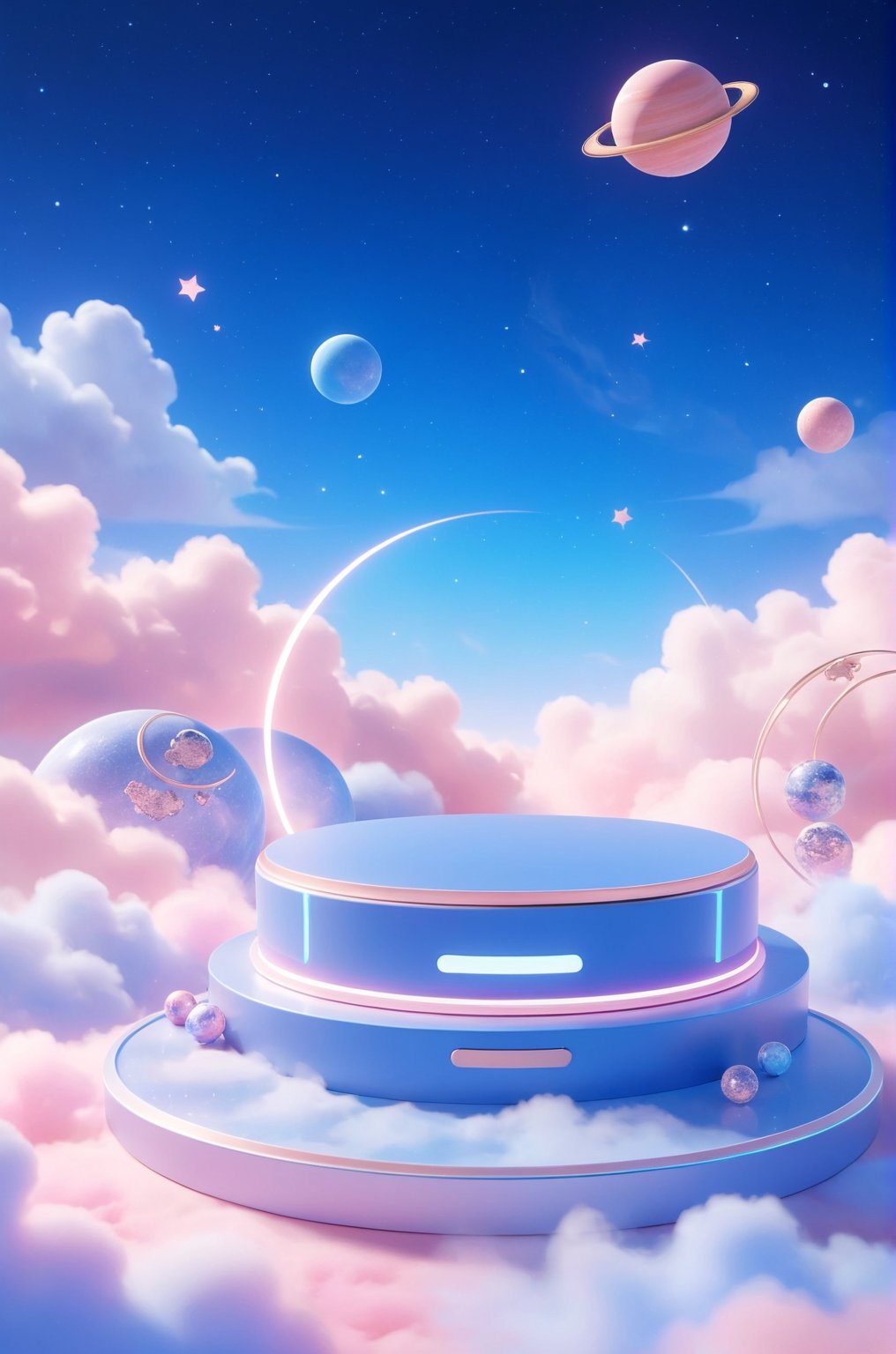 3D\(hubgstyle)\,
a round podium on the ground in the middle, cosmos theme, clouds, starry sky, planets in the sky, gradient blue and pink galaxy in the background, 

professional 3d model, anime artwork pixar, 3d style, good shine, OC rendering, highly detailed, volumetric, dramatic lighting, 