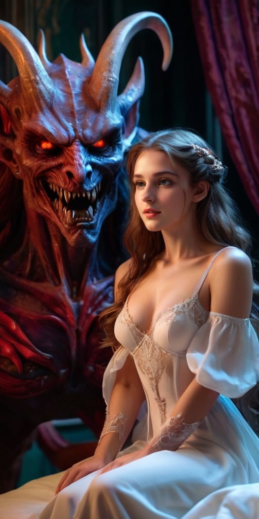 (masterpiece, 8K, UHD,  RAW), a sexy girl kissing a demon in bed, (((a beautiful young woman riding on top of one huge horrific demon))), (she rides the male demon with lustful femininity), her beautiful body is covered by a sheer translucent white tunic with Art Nouveau embroidery, big sexy perky breasts, her pristine delicate features contrasts with the horrendous menacing fangs of the corrupted male demon, full body vibrant illustrations, intricately sculpted, realistic hyper-detailed portraits, queencore, depicts real life, 
the scene happens in a luxurious Art Nouveau boudoir with studio illumination