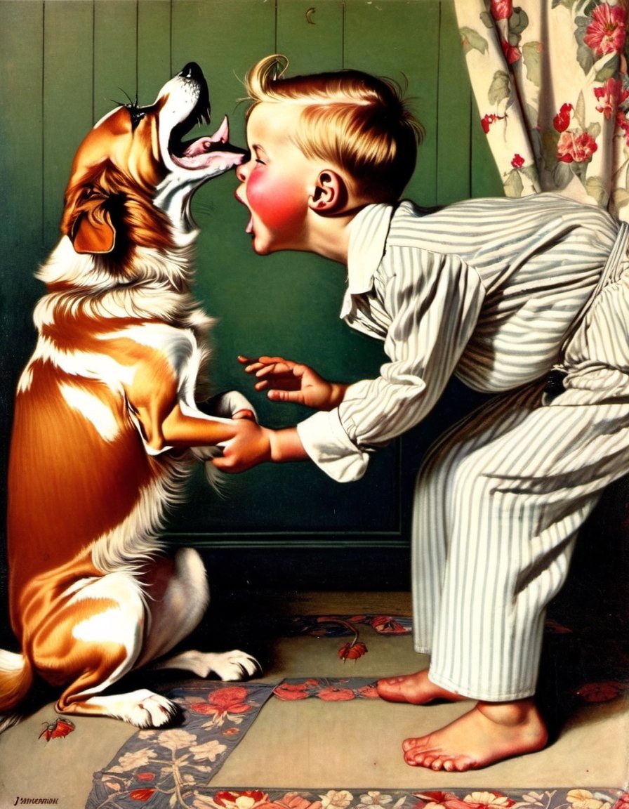 Painting of a small boy in Pyjamas howling along with his dog, howling, art by Norman Rockwell, art by J.C. Leyendecker