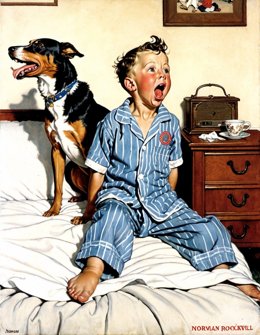 Painting of a small boy in Pyjamas howling along with his dog, howling art by Norman Rockwell
