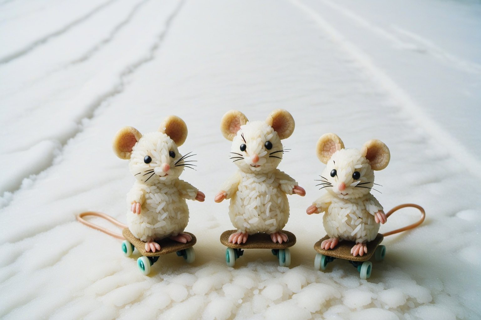 Vintage old photograph of two cute little mice made of rice skating in the snow. Canon 5d Mark 4, Kodak Ektar, ,styr