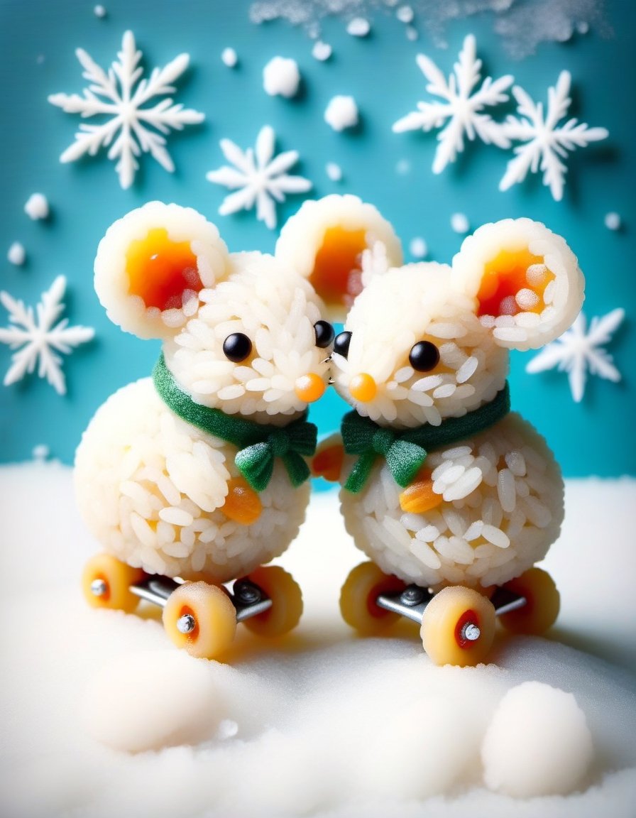 Vintage old photograph of two cute little mice made of rice ice-skating on ice in the snow. Canon 5d Mark 4, Kodak Ektar, ,styr