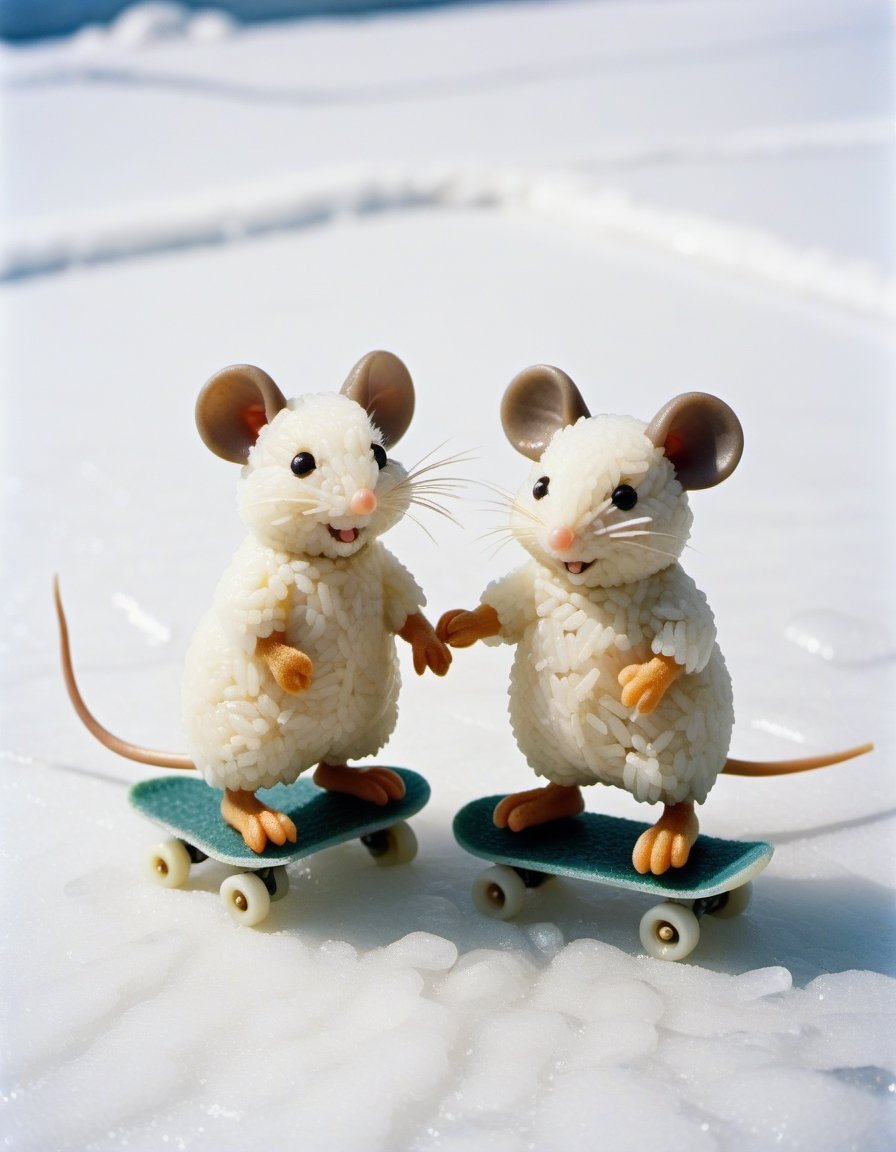 Vintage old photograph of two cute little mice made of rice ice-skating on ice in the snow. Canon 5d Mark 4, Kodak Ektar, ,styr
