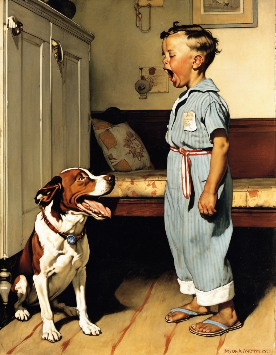 Painting of a small boy in Pyjamas howling along with his dog, art by Norman Rockwell