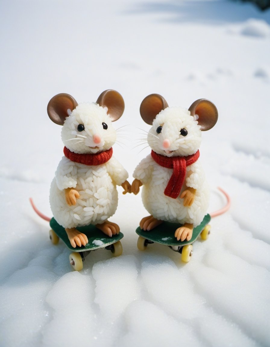 Vintage old photograph of two cute little mice made of rice ice skating in the snow. Canon 5d Mark 4, Kodak Ektar, ,styr