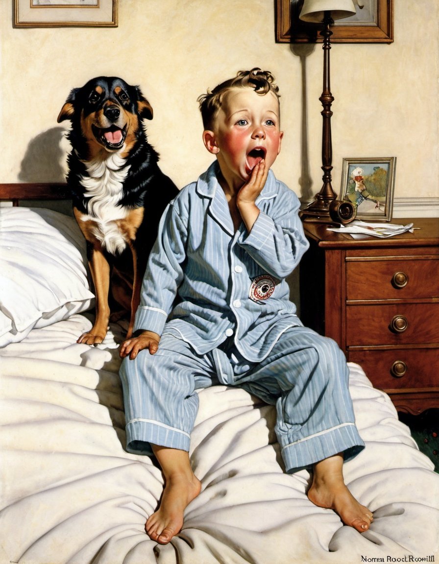 Painting of a small boy in Pyjamas howling along with his dog, howling art by Norman Rockwell