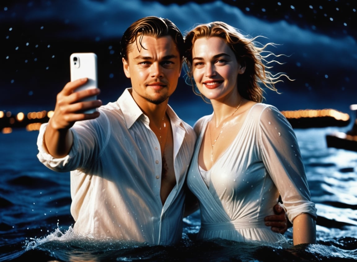 (photorealistic) ultrarealistic, (Titanic movie scene), night time, (Jack and Rose swimming), (20 years old Leonardo DiCaprio and Kate Winslet), (wearing wet white shirt), (wet hair and wet clothes), head outside the water, (taking a selfie with the phone), happy faces, ironic smile, (with the sinking Titanic in the background), starry sky, (high contrast), (dark shot), highly detailed, ,best quality, high quality, dramatic shadows, (soft grain and scratches), cinematic, photorealistic, hyperrealistic, more detail XL