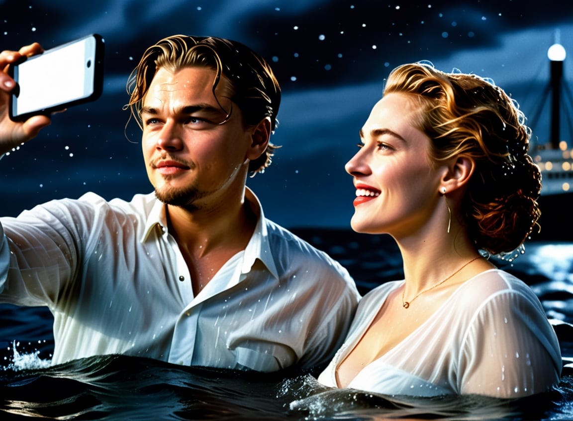 (photorealistic) ultrarealistic, (titanic movie scene), night time, (Jack and Rose swimming), (20 years old Leonardo DiCaprio and Kate Winslet), (wearing wet white shirt), (wet hair and wet clothes), head outside the water, (taking a selfie with the phone), happy faces, ironic smile, (with the sinking Titanic in the background), starry sky, (high contrast), (dark shot), highly detailed, ,best quality, high quality, dramatic shadows, (soft grain and scratches), cinematic, photorealistic, hyperrealistic, more detail XL