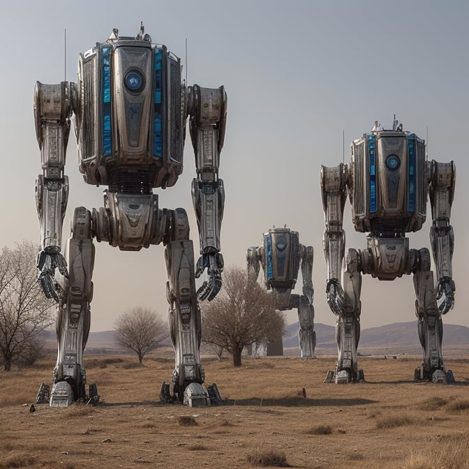 solo, standing, outdoors, tree, no humans, robot, mecha, science fiction, open hands