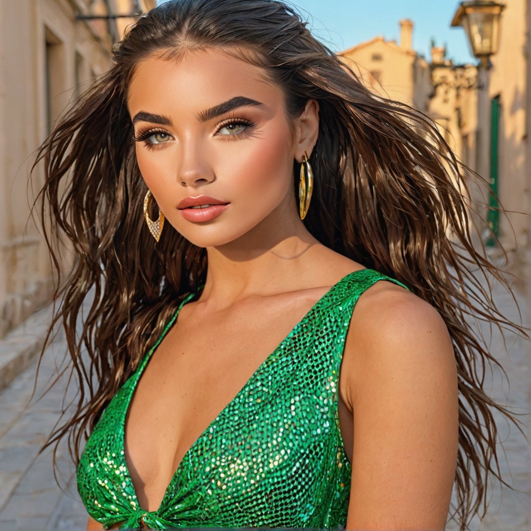 Full realistic photo from far of a stylish young woman with large, captivating green eyes, thick eyebrows, a strong jawline, high cheekbones, and a natural complexion. slim boned, long limbed, lithe and with very little body fat and little muscle .Highlighting her as a modern, approachable virtual influencer