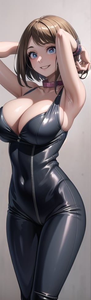 8k, hdr, ultra high res, raw photo, best quality, photorealistic, masterpiece, 1girl, solo, beautifull face, detailed face, , expressive eyes, smile, huge breasts, sexy cleavage, intricate detailed, slim body, catsuit outfit , detailed skin, backstreet background,hmochako