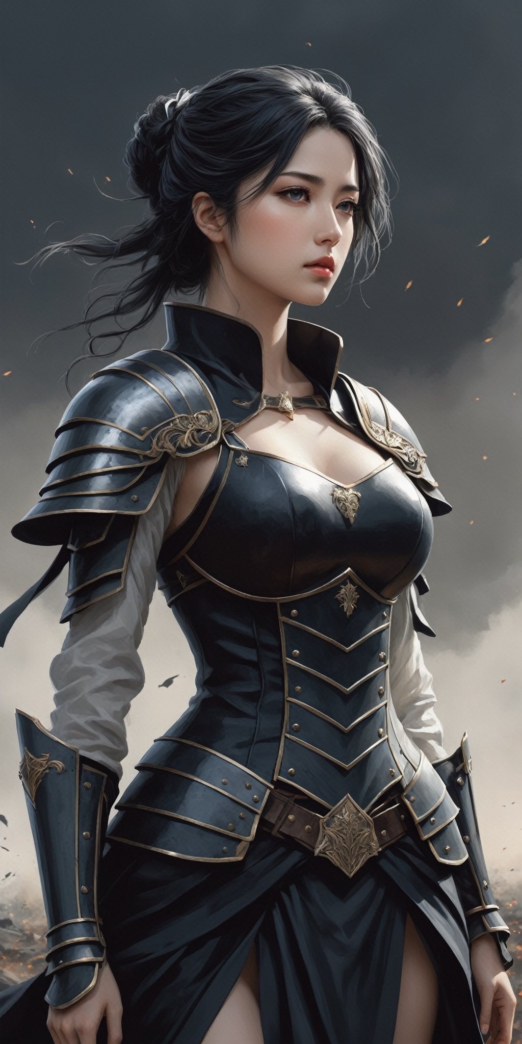masterpiece, high_res, high quality, 
(side view:1.5), (full length view:1.5), epic fantasy illustration, merge detalization of manga style and realistic drawning of tradtiional arts, flat, dark colors palette, ink drawning, fiction,
incredibly beautiful and attractive woman weared armor, stands with her shoulders slumped, sad and exhausted, (very detailed outfit:1.3). (a woman must convey fragile beauty on whose shoulders lies the fate of the world and this oppresses her). the picture looks like a book cover. Use histories about feamle heroes. 
Surreal battlefield background, fusion cruelty of real war and symbolism of hero eposes, intricate and unexpected detailes. Dark and gothic. 
