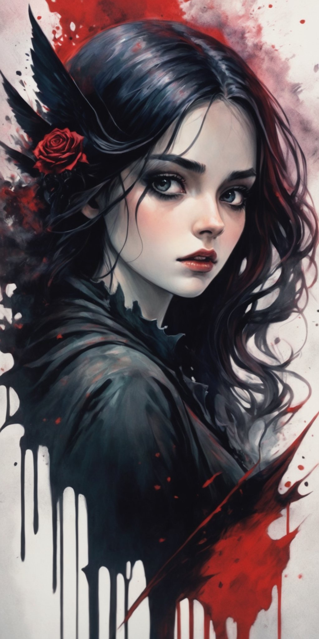 masterpiece, high_res, high quality, splash art style, watercolors, 
create the personification of all phobias in the face of a beautiful young woman. The setting should be dark and gothic, the heroine of the composition should be frightening despite her beauty. Use the experience of horror films and the style of the best artists in the gothic style. The palette should be dark and contrasting.
incredibly detailed, aesthetic, absurdes, creepy, horror, thriller,Leonardo Style