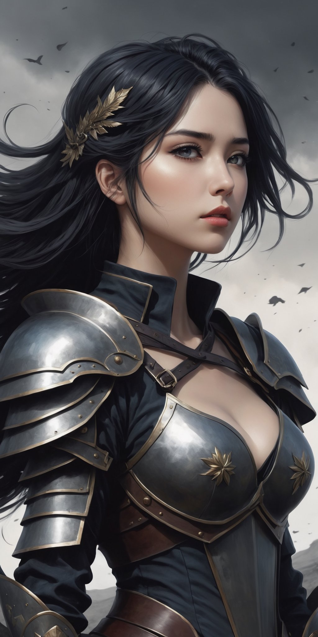 masterpiece, high_res, high quality, 
(side view:1.5), (full length view:1.5), epic fantasy illustration, merge detalization of manga style and realistic drawning of tradtiional arts, flat, dark colors palette, ink drawning, fiction,
incredibly beautiful and attractive woman weared armor, stands with her shoulders slumped, sad and exhausted, (very detailed outfit:1.3). (a woman must convey fragile beauty on whose shoulders lies the fate of the world and this oppresses her). the picture looks like a book cover. Use histories about feamle heroes. 
Surreal battlefield background, fusion cruelty of real war and symbolism of hero eposes, intricate and unexpected detailes. Dark and gothic. 
(detailed hair, detailed eyes, detailed hair:1.3)
