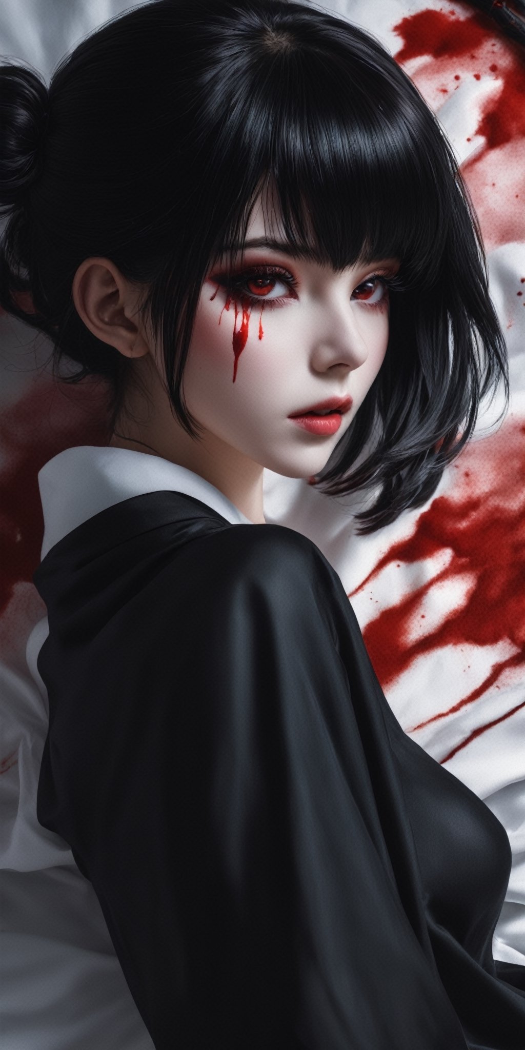(masterpiece, high quality, 8K, high_res), (professional photoshot), cosplay style,
breathtakingly beautiful woman, black hair, bun with a knitting needle, 
pale powdered face, red contact lenses, gore-like makeup, lying on a white sheet with blood stains, black underwear, top view, inspired by the anime Tokyo Ghoul and photography by Alasdair McLellan,
ultra detailed, dark, cruel, elegant, fashion, seductive, aesthetic, full lenght view
,Leonardo Style,fflixmj6