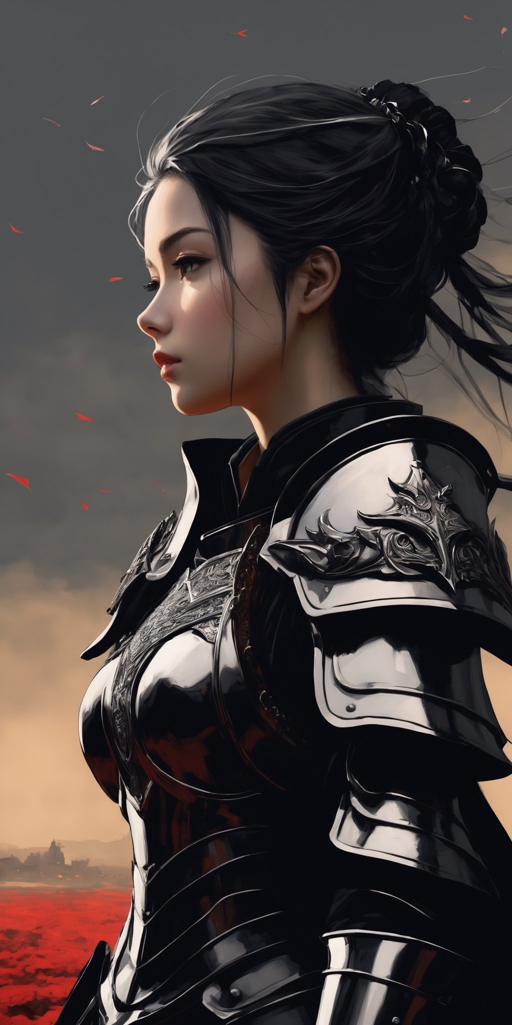 masterpiece, high_res, high quality, 
(side view:1.5), (full length view:1.5), epic fantasy illustration, merge detalization of manga style and realistic drawning of tradtiional arts, flat, dark colors palette, ink drawning, fiction,
incredibly beautiful and attractive woman weared armor, stands with her shoulders slumped, sad and exhausted, (very detailed outfit:1.3). (a woman must convey fragile beauty on whose shoulders lies the fate of the world and this oppresses her). the picture looks like a book cover. Use histories about feamle heroes. 
Surreal battlefield background, fusion cruelty of real war and symbolism of hero eposes, intricate and unexpected detailes. Dark and gothic. 
