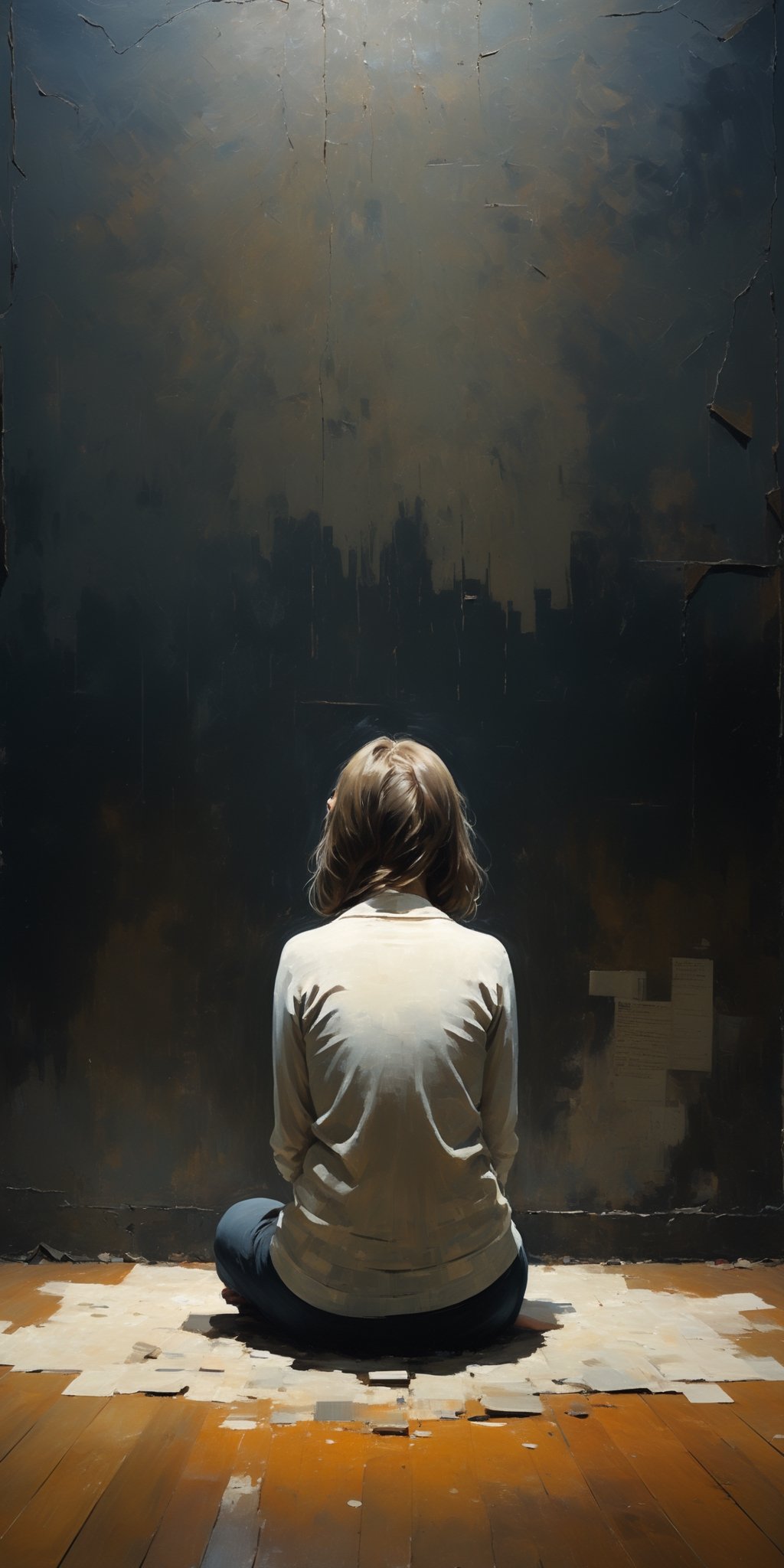 (masterpiece, high quality, 8K, high_res), 
extremely detailed illustration, abstract picture, symbolism, sensual, dark, dramatic, sad, psyholigic,
an empty room with black walls, text written on the walls in white letters, a girl sits in the center of the room, her pose expresses despair and depression,
The room itself symbolizes the place in her mind where she hid all her regrets, fears, doubts, which are expressed in the form of text on the walls, and her being in this room signifies her attempts to cope with mental problems. The desperation pose suggests that she can't handle it. The film raises the theme of loneliness and the inability to cope with depression personally, that everyone needs help and courage to share their problems with others.