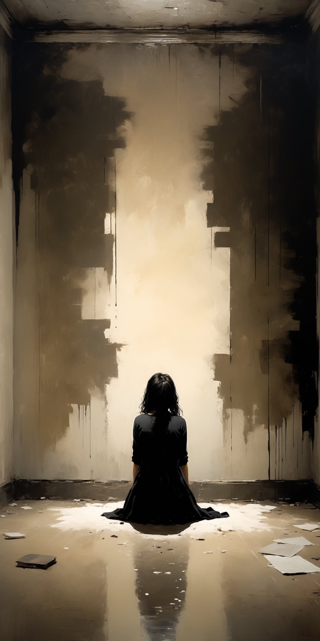 (masterpiece, high quality, 8K, high_res), 
extremely detailed illustration, abstract picture, symbolism, sensual, dark, dramatic, sad, psyholigic,
an empty room with black walls, text written on the walls in white paint, a girl sits in the center of the room, her pose expresses despair and depression,
The room itself symbolizes the place in her mind where she hid all her regrets, fears, doubts, which are expressed in the form of text on the walls, and her being in this room signifies her attempts to cope with mental problems. The desperation pose suggests that she can't handle it. The film raises the theme of loneliness and the inability to cope with depression personally, that everyone needs help and courage to share their problems with others.