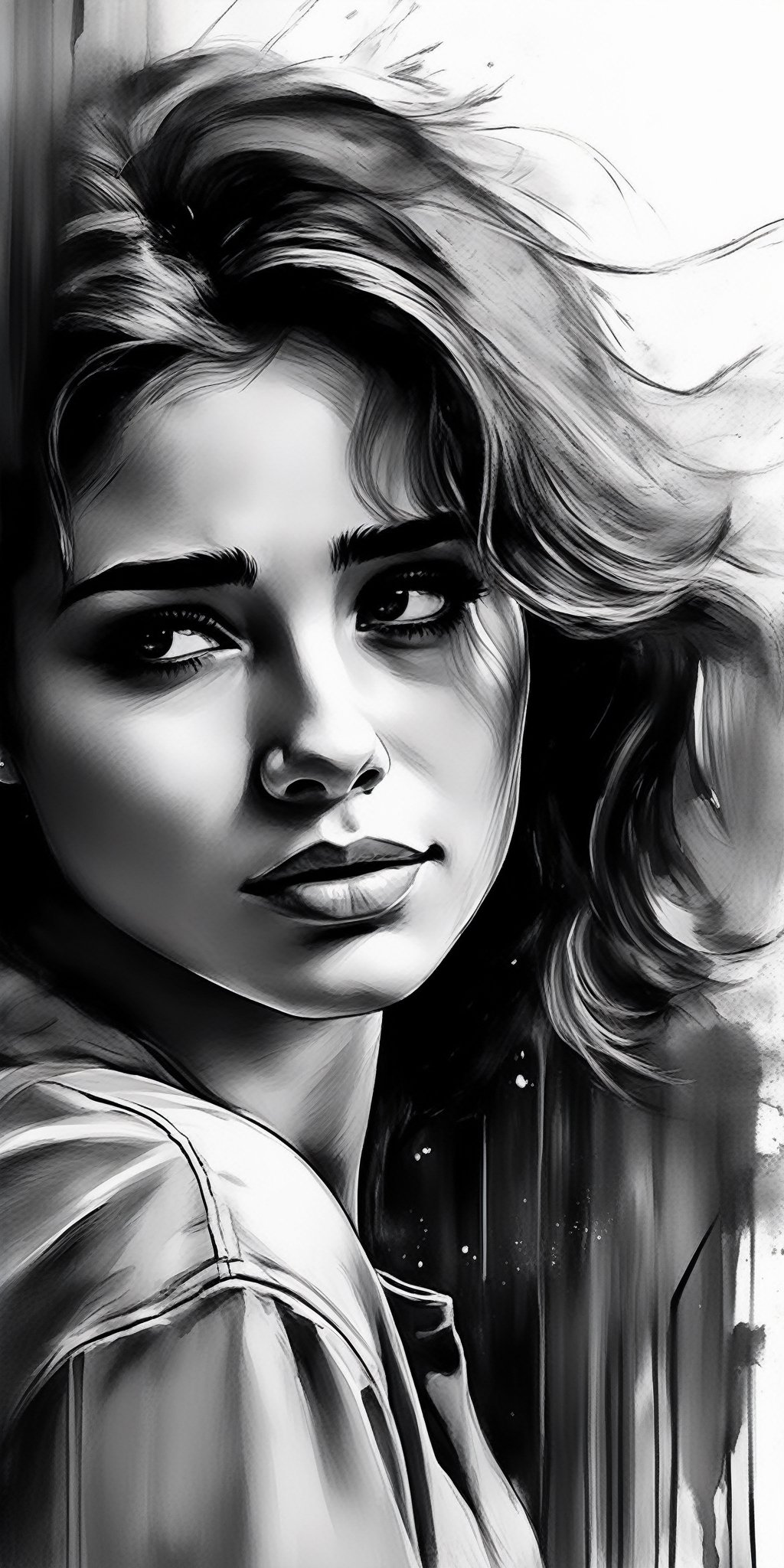 (masterpiece, high quality, 8K, high_res), 
ultra detailed illustration, ((ink drawning and pencil shading)),
image of beatiful young woman with sad slight smile and a makeup smeared from tears,
the picture tells the story of a breakup, when the heroine hears rumors about the happiness of her former love and she experiences conflicting feelings. On the one hand, she doesn’t want him to be happy, because she is no longer in his life, but on the other hand, she is glad that he found the strength to move on, while she still could not do this.
The image should be sensual, melancholy, beautiful and understandable. The simple execution should contain a story that touches the soul and evokes emotions. The motive of teenage love and infantilism is suitable, when sincere feelings lead to contradiction with oneself.fflixmj6,portraitart