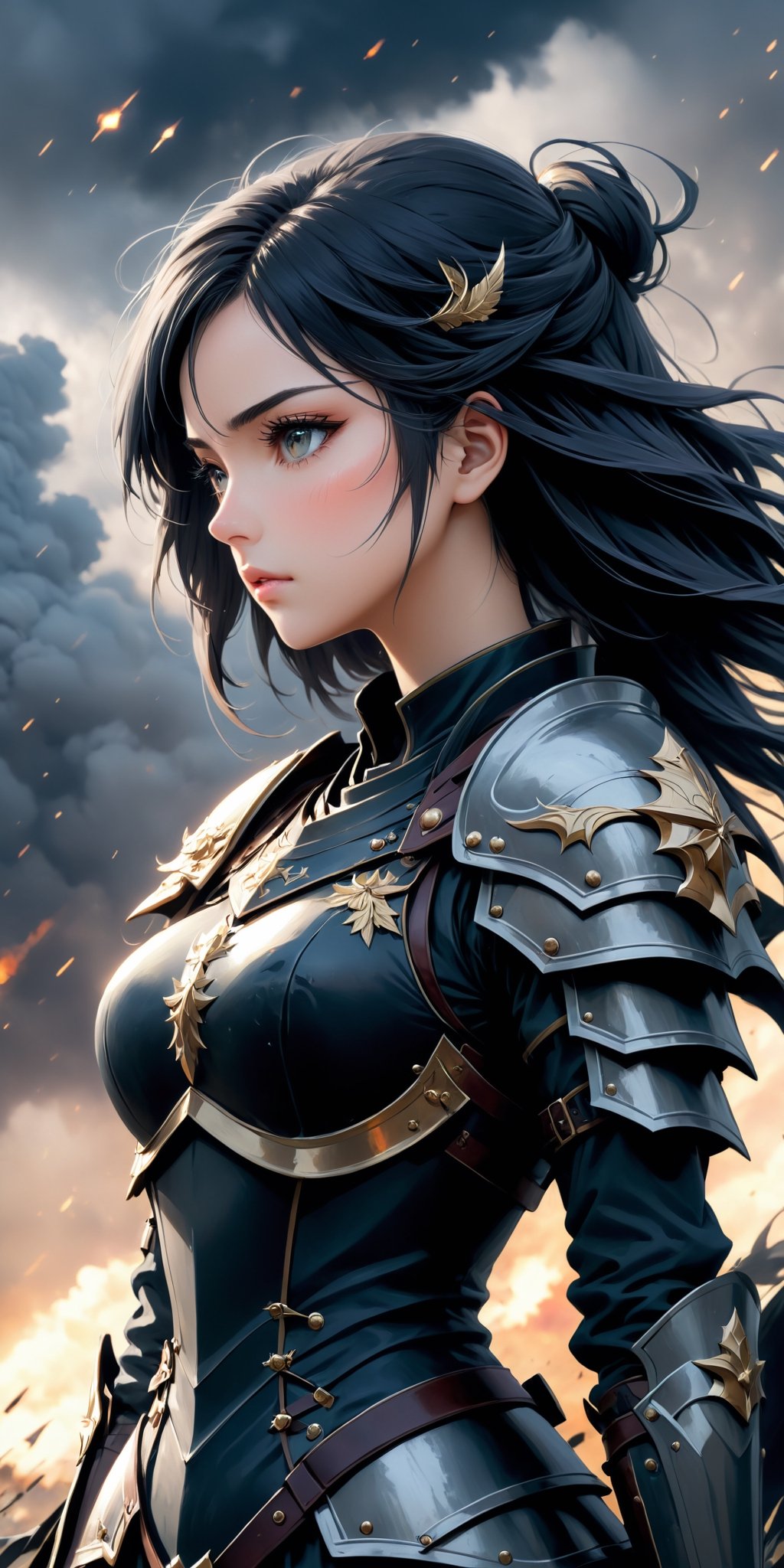 masterpiece, high_res, high quality, 
(side view:1.5), (full length view:1.5), epic fantasy illustration, merge detalization of manga style and realistic drawning of tradtiional arts, flat, dark colors palette, ink drawning, fiction,
incredibly beautiful and attractive woman weared armor, stands with her shoulders slumped, sad and exhausted, (very detailed outfit:1.3). (a woman must convey fragile beauty on whose shoulders lies the fate of the world and this oppresses her). the picture looks like a book cover. Use histories about feamle heroes. 
Surreal battlefield background, fusion cruelty of real war and symbolism of hero eposes, intricate and unexpected detailes. Dark and gothic. 
,(anime)