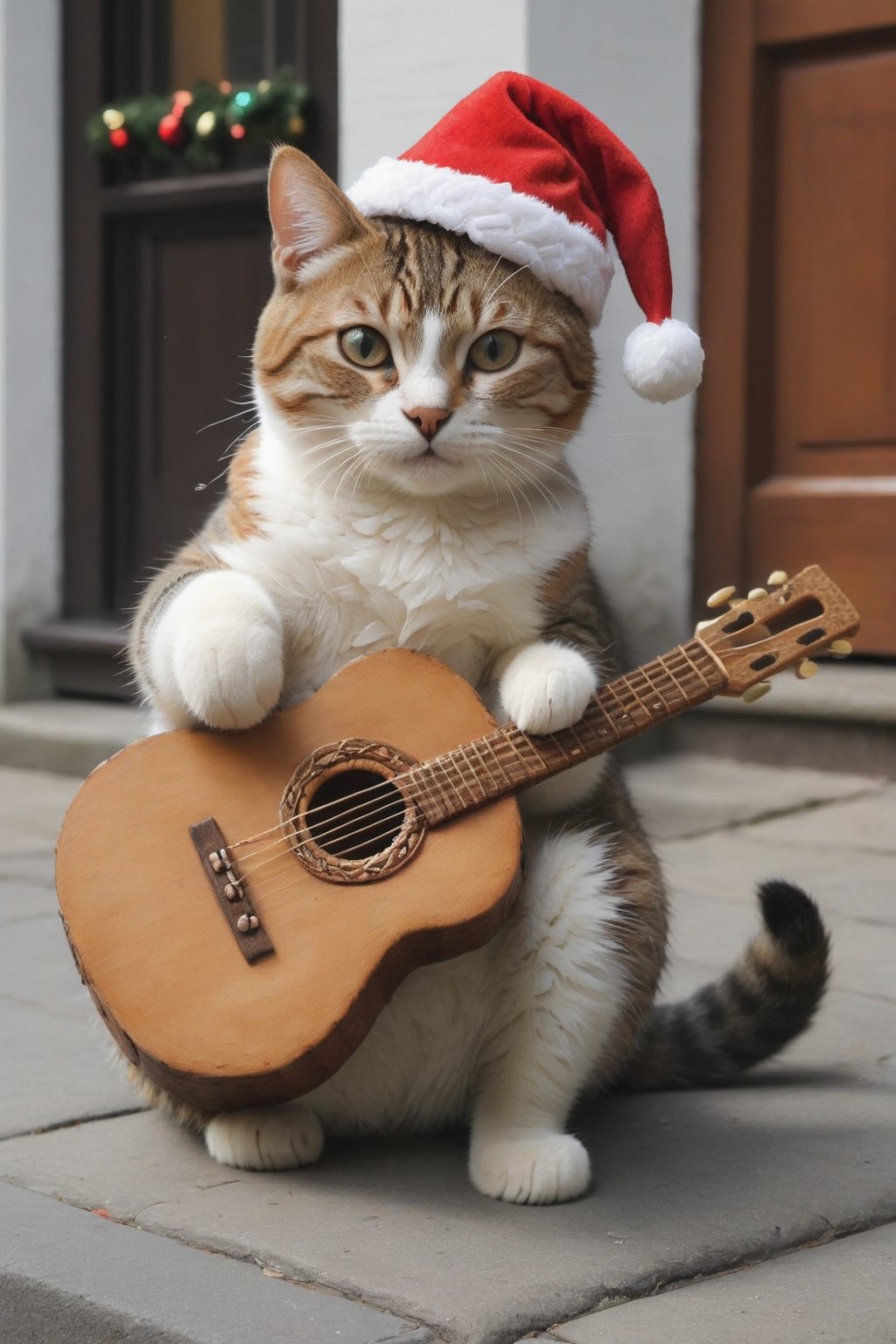 a cool and charismatic cat, donning a festive Christmas hat, BREAK, skillfully strumming a styr guitar while entertaining passersby on a lively street. The cat's playful expression and rhythmic paw movements exude a natural musical talent, captivating the audience with its melodic tunes. The Christmas hat adds a touch of holiday cheer to the scene, as onlookers pause to enjoy the impromptu street performance.