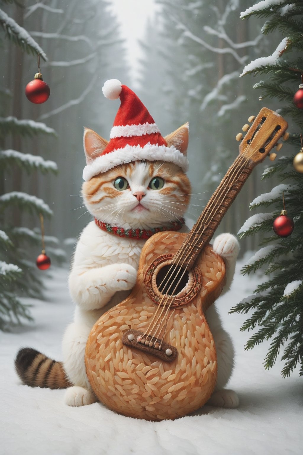 a cool and charismatic cat, donning a festive Christmas hat, BREAK, skillfully strumming a styr guitar while entertaining passersby in a lively forest. The cat's playful expression and rhythmic paw movements exude a natural musical talent, captivating the audience with its melodic tunes.