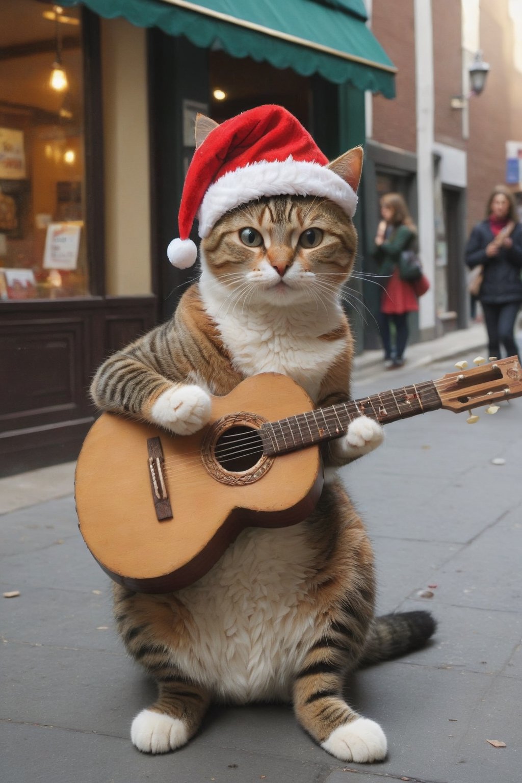 a cool and charismatic cat, donning a festive Christmas hat, BREAK, skillfully strumming a styr guitar while entertaining passersby on a lively street. The cat's playful expression and rhythmic paw movements exude a natural musical talent, captivating the audience with its melodic tunes. The Christmas hat adds a touch of holiday cheer to the scene, as onlookers pause to enjoy the impromptu street performance.