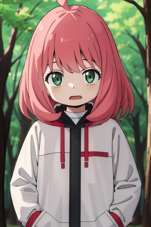 Best Quality, Masterpiece, Hi-Res, Solo, (anya_forger_spyxfamily:1.15), Pink Hair, Green Eyes, Open Mouth, Bangs, 1 Girl, Closed Mouth, Meme, Ahoge, Upper Body , medium hair, forest, 16 years old, hands_in_pockets

