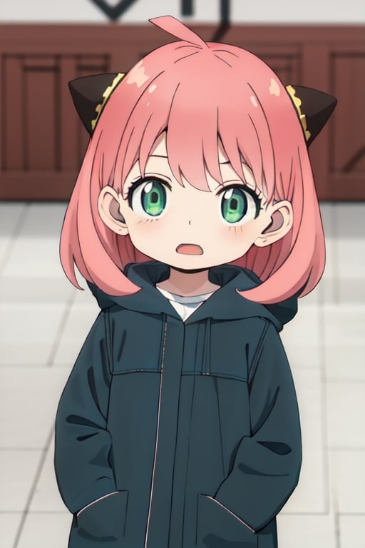 Best Quality, Masterpiece, Hi-Res, Solo, (anya_forger_spyxfamily:1.15), Pink Hair, Female Child, Child, Green Eyes, Open Mouth, Bangs, (1 Girl), Closed Mouth, Meme, Ahoge, Upper Body , medium hair, hands_in_pockets
