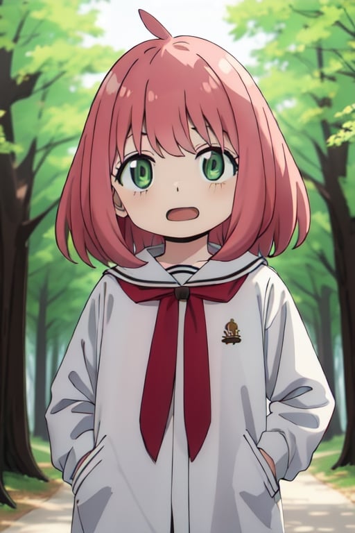 Best Quality, Masterpiece, Hi-Res, Solo, (anya_forger_spyxfamily:1.15), Pink Hair, Green Eyes, Open Mouth, Bangs, 1 Girl, Closed Mouth, Meme, Ahoge, upper_body , medium hair, forest, 16 years old, ^ ^, serafuku, hands_in_pockets
