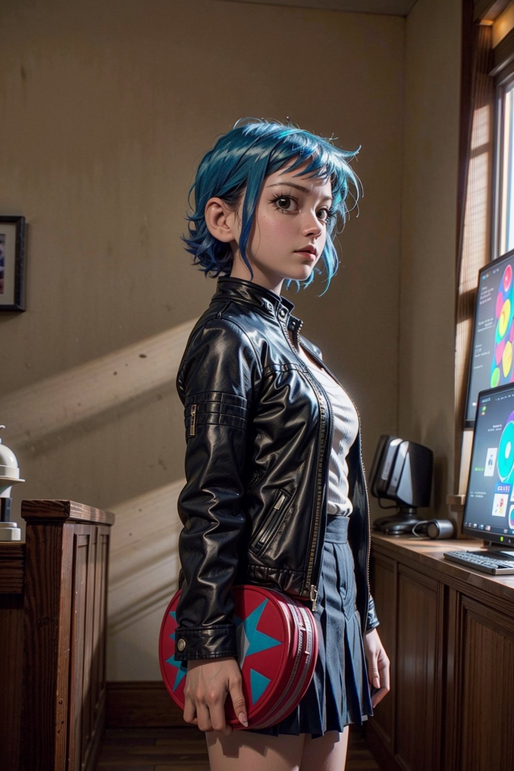 Highly detailed, High Quality, Masterpiece, beautiful,(medium long shot), game cg, 1girl, 20 yro, solo, girl focus, looking at viewer, low angle, anime coloring, realistic eyes, (Ramona Flowers, Mary Elizabeth Winstead), wise, courageous, blue hair, brown eyes, jacket, striped sweater, skirt, science fiction steam punk, 2k resolution,RamonaFlowers