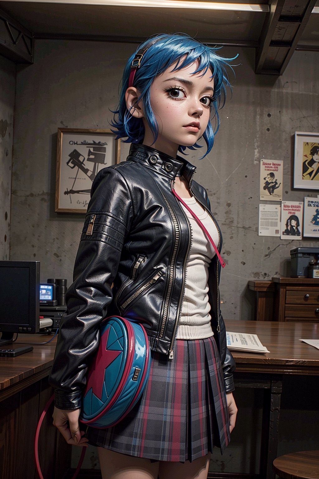 Highly detailed, High Quality, Masterpiece, beautiful,(medium long shot), game cg, 1girl, 20 yro, solo, girl focus, looking at viewer, low angle, anime coloring, realistic eyes, (Ramona Flowers, Mary Elizabeth Winstead), wise, courageous, blue hair, brown eyes, jacket, striped sweater, skirt, science fiction steam punk, 2k resolution,RamonaFlowers