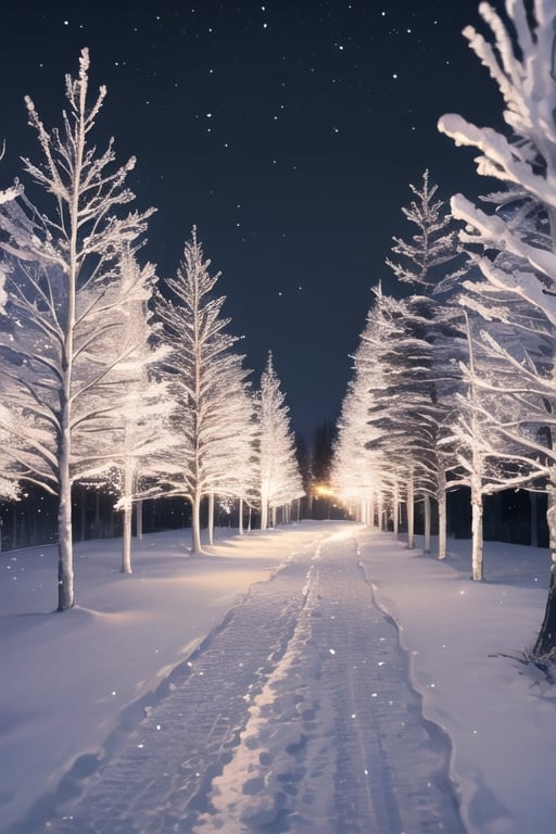 snow, trees, dark background, night, nighttime