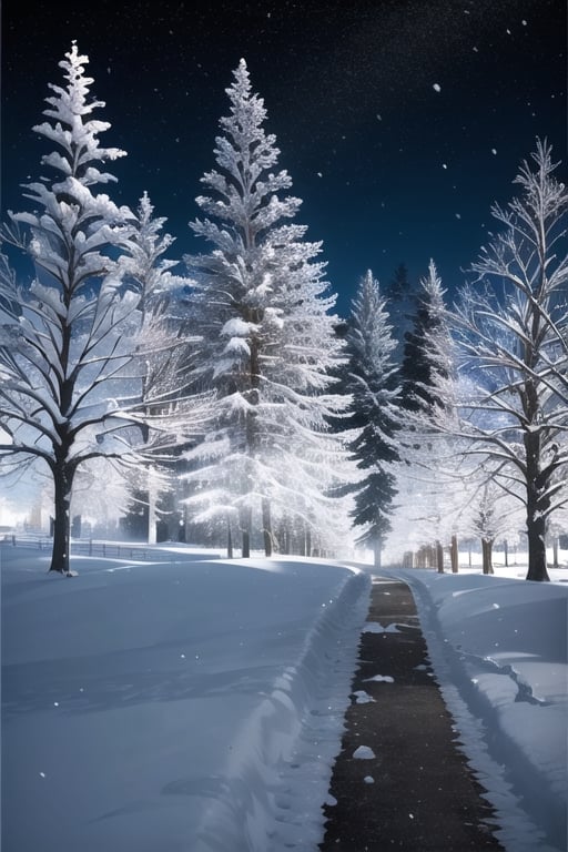 snow, snowforest, dark background, night, nighttime, ghibli style
