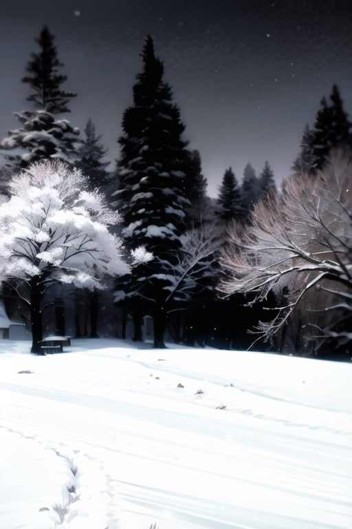 snow, trees, dark background, night, nighttime, ghibli style