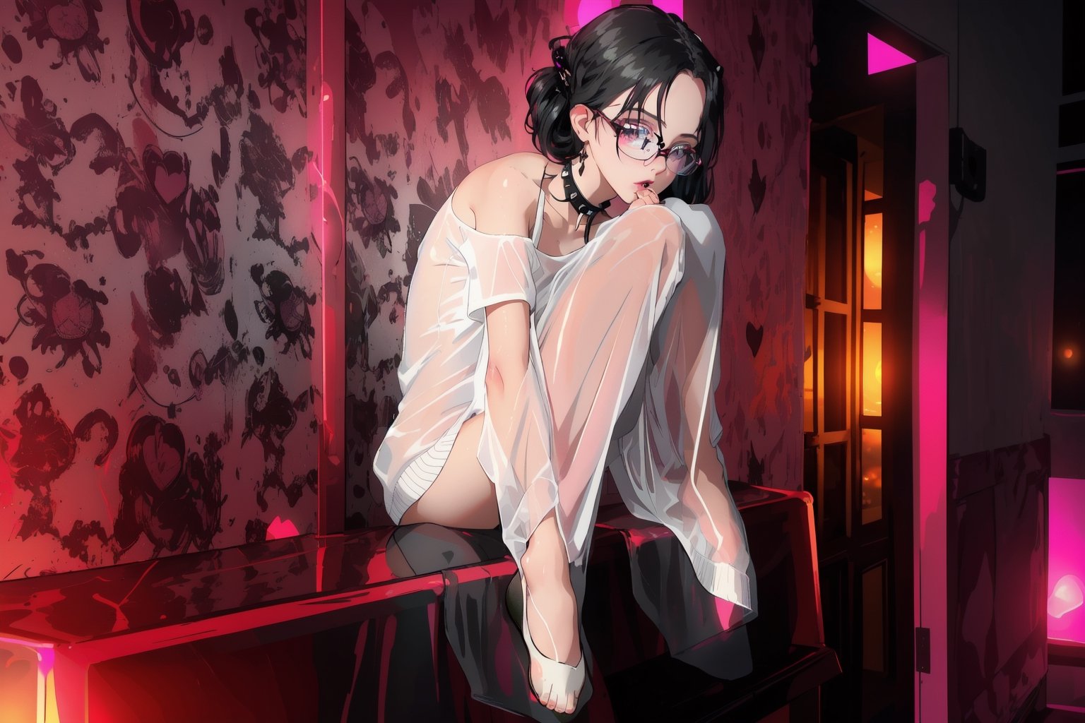 a young 18-year-old dwarf girl erotically posing for a photographer in a vulgar nightclub, the girl is wearing only a translucent white knee-length shirt, the girl has no clothes and underwear under the T-shirt, a small one is visible under the T-shirt breasts and a beautiful vagina, a bdsm collar with spikes, large round nerd glasses, black gotick straight shoulder-length hair, eyes lined with black mascara, gothic style eyes, black mascara
in the background there are many naked people dancing at a rave party, the nightclub is dark, neon lighting, bokeh, dim lighting, The room decoration on the walls in the background uses pink neon love hearts, sex club, swingers club, cinematic lighting, volumetric lighting, sexual pose, atmosphere of lust and sex,,IncrsPajChal,see-through, overall plan, whole body from head to toe,naked sweater, sweater,AIDA_LoRA_sonm