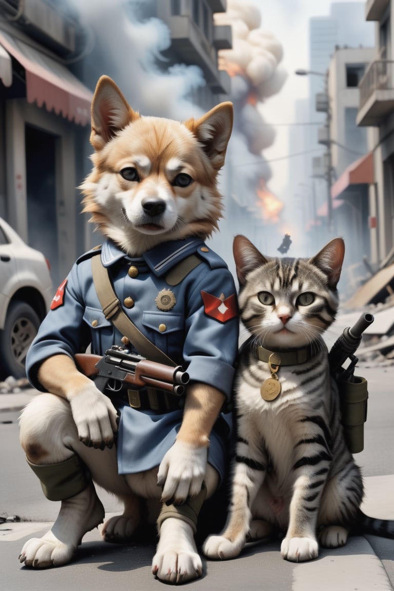 Close-up of a cute human dog and cat soldier wearing uniform with two legs and holding a gun sitting on the street after a nuclear explosion destroyed the city, fire, smoke award-winning photo, cnd,