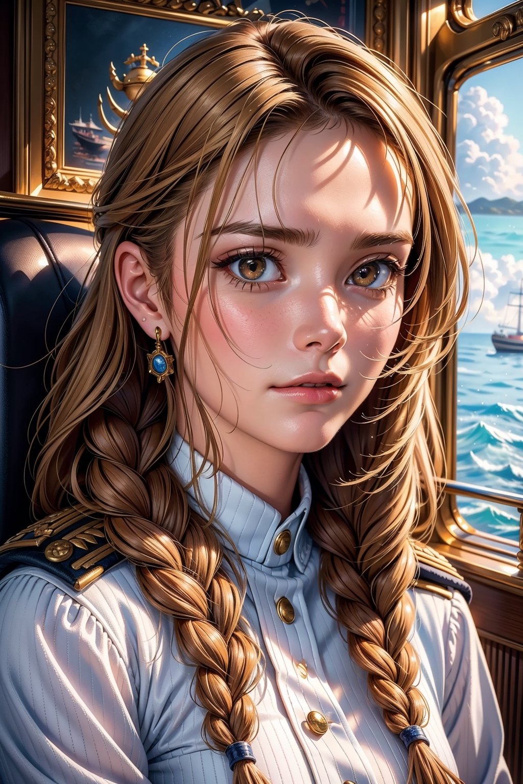 (photorealistic: 1.4), 8k, (masterpiece), best quality, highest quality, (detailed face: 1.5), original, high resolution, incomparable masterpiece, 8k ultra realistic, perfect artwork, 1 girl,(( looking at viewer )),((sitting in the ship's captain's chair)),(upper body), alone,((closed mouth)),(normal face),(brown eyes),(braided hair), (long hair), (blond hair), (white naval officer uniform with many decorations),
