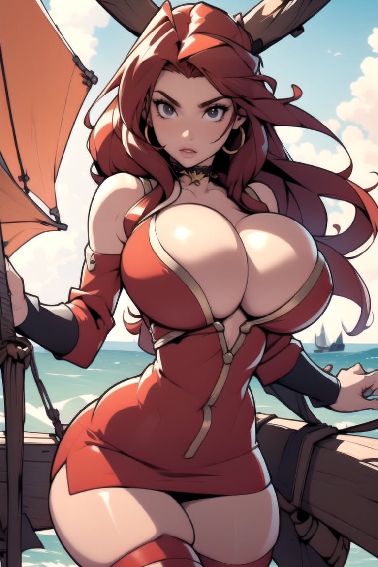 Masterpiece, Best Quality, perfect breasts, perfect face, perfect composition, UHD, 4k, (1girl), on a pirate ship, busty woman, great legs, long red hair, ((natural breasts)), thigh high stockings,redmonika
