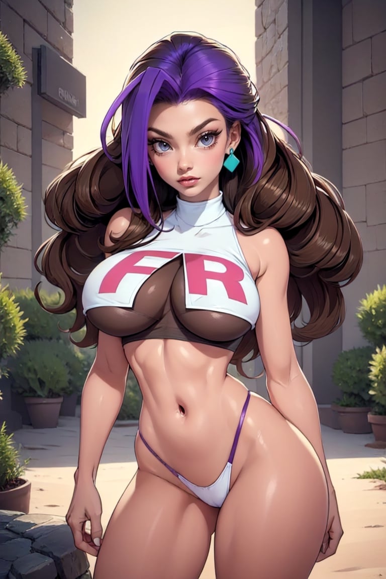 Masterpiece, Best Quality, perfect breasts, perfect face, perfect composition, UHD, 4k, ((1girl)), ((jessie_pokemon)), earrings, team rocket uniform, crop top, very long hair, ((violet hair)), hair slicked back, in an arena, busty woman, great legs, ((natural breasts)), (((brown eyes))), huge breasts, underboob, sexy fit body,mssstyle