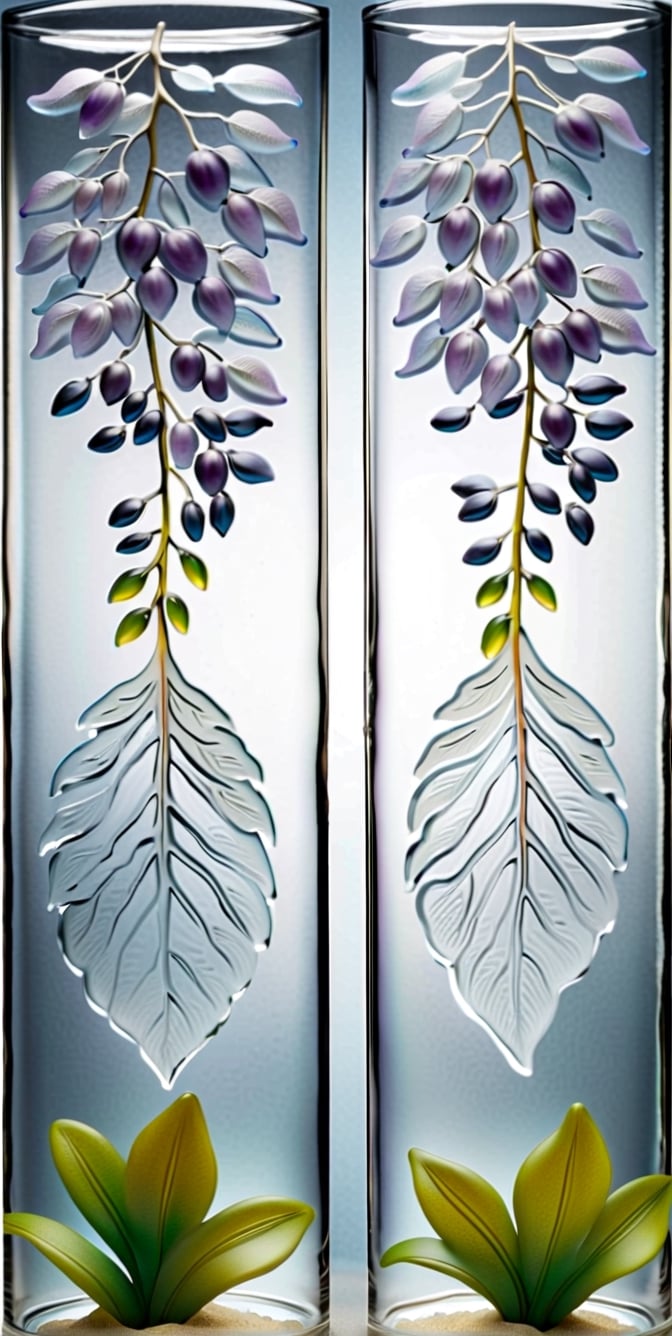 Create a highly realistic image that captures the essence of a refreshing summer atmosphere.  Two pieces of exposed sandblasted glass are placed on the left and right sides, each of which is delicately carved with elegant flowers, creating a peaceful and comfortable atmosphere.  This ensures that the fine textures of the wisteria carvings on the glass appear in clear, realistic detail, enhancing the overall realism of the scene.