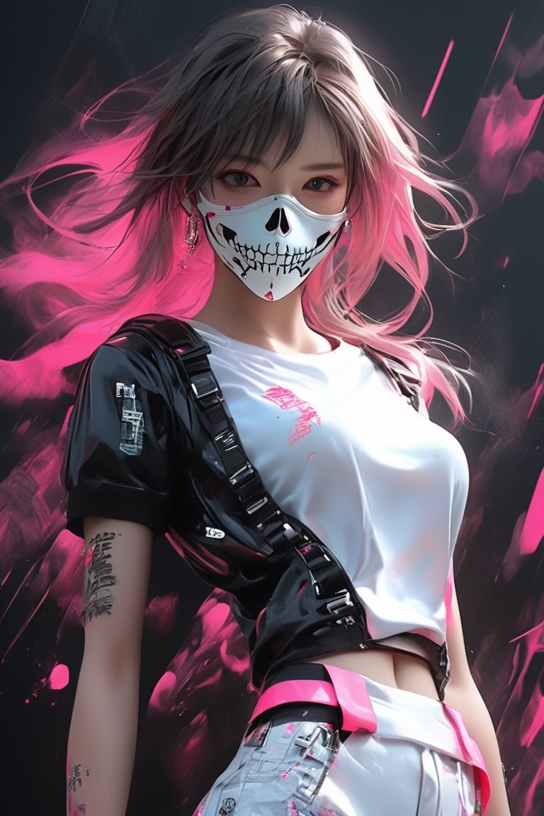 (masterpiece, best quality) , 1lady, solo, anime girl wearing skull facemask, in the style of cyberpunk imagery, full body, realistic hyper-detailed portraits, womancore, metallic accents, outrun, hyper-realistic pop, angel core, illustration, ink artistic conception, with typography elements, abstract, complementary colors, mosaic of characters, wallpaper style, simplicity, Chinese painting, black background, score_9