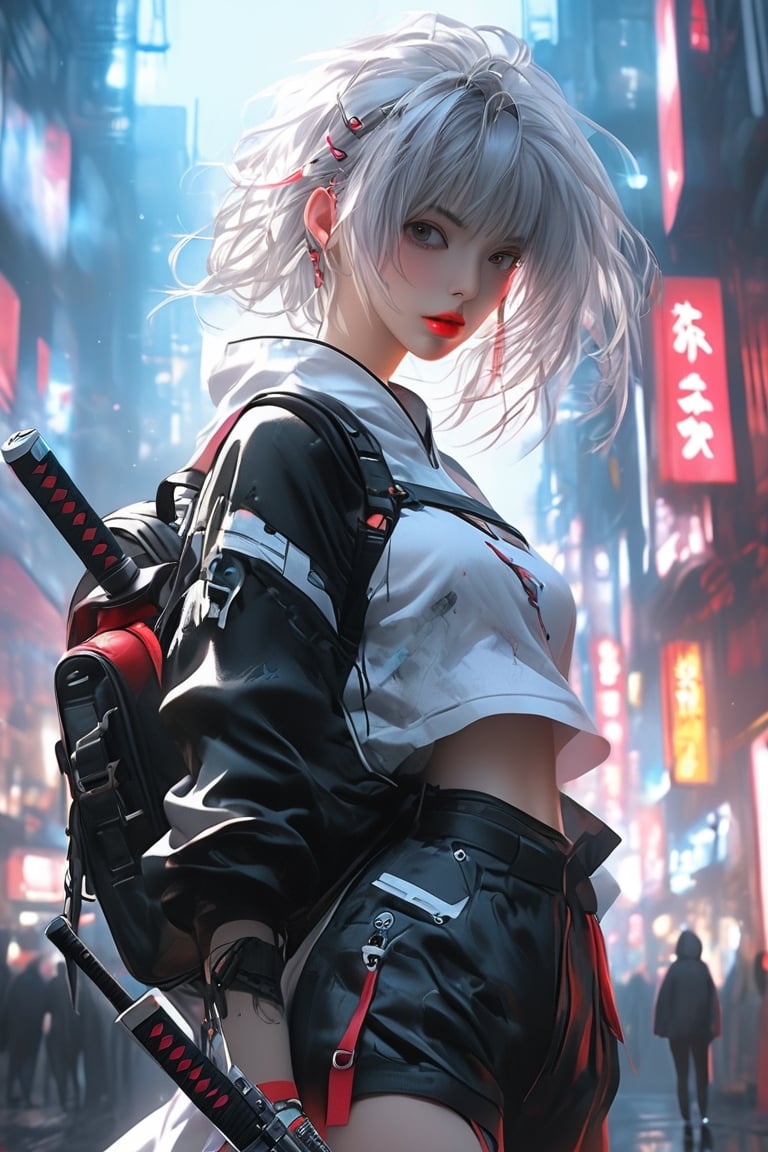 woman with a sword and a backpack, guweiz, badass anime 8 k, wearing japanese techwear, artwork in the style of guweiz, anime style 4 k, e-girl, e - girl, cyberpunk streetwear, from arknights, anime style. 8k, digital cyberpunk anime art, short white hair, asymmetrical bangs, insanely detailed face and eyes, Perfect lips, (Full body photo), dramatic, cinematic lighting, fine expression, fine detail, cyberpunk art, illustration, masterpiece, drawing, anime art, in the style of Yusuke Murata. extremely high-resolution details, photographic, realism pushed to extreme, fine texture, incredibly lifelike, score_9