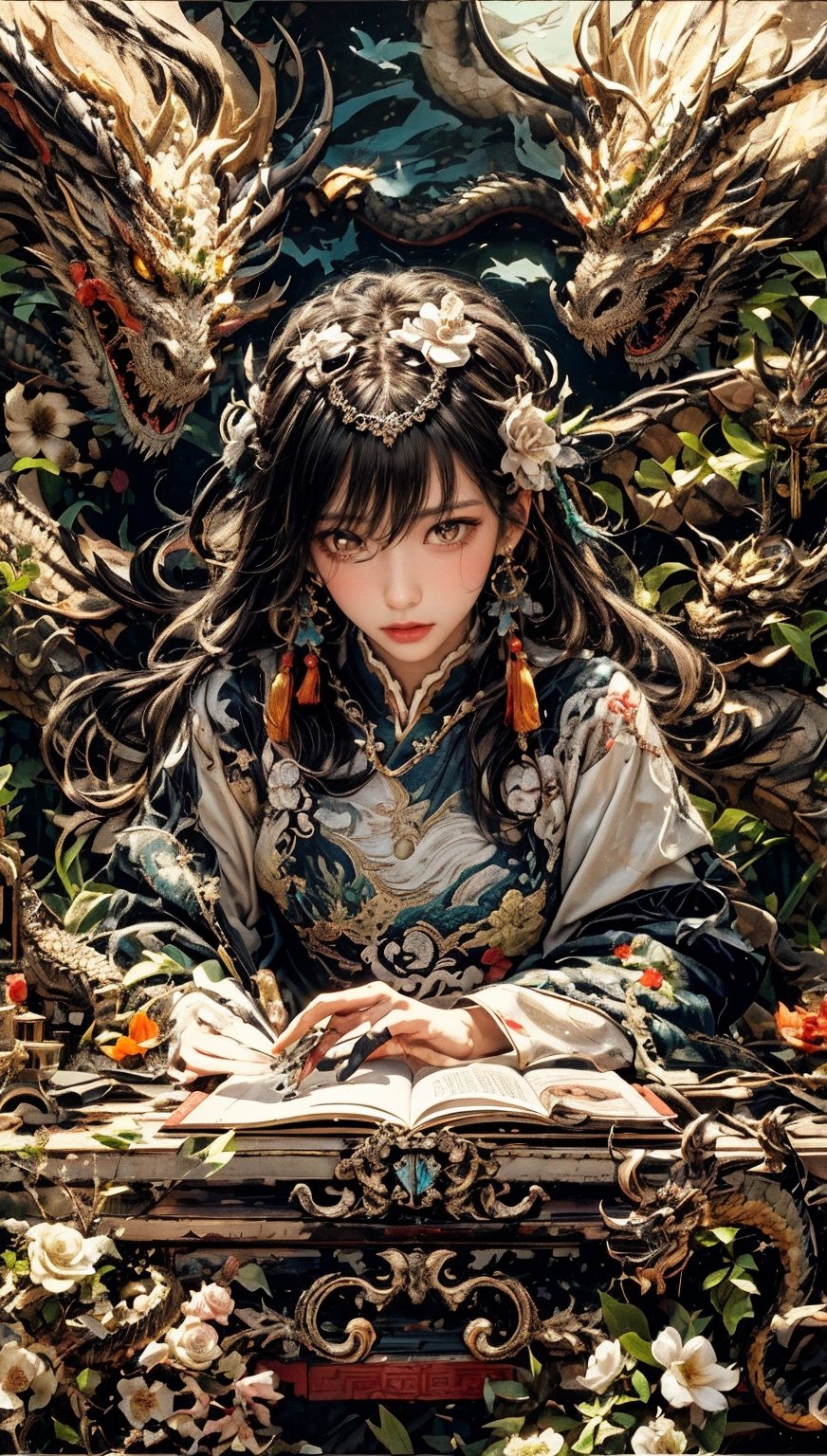 1girl, solo, long hair, bangs, black hair, hair ornament, long sleeves, holding, jewelry, closed mouth, closed eyes, upper body, flower, earrings, book, chinese clothes, tassel, dragon, eastern dragon