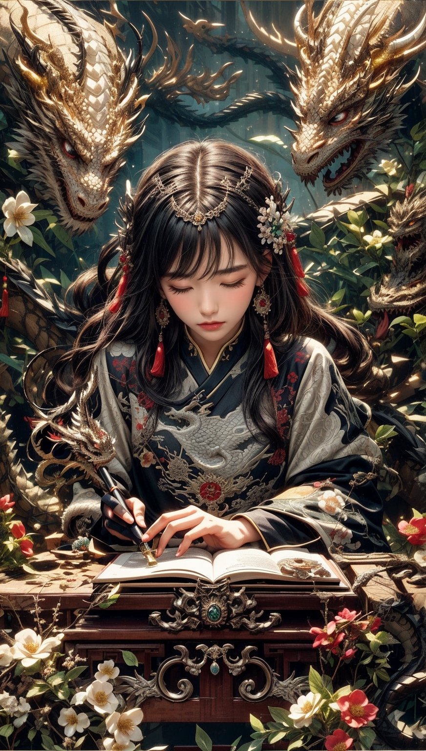 1girl, solo, long hair, bangs, black hair, hair ornament, long sleeves, holding, jewelry, closed mouth, closed eyes, upper body, flower, earrings, book, chinese clothes, tassel, dragon, eastern dragon