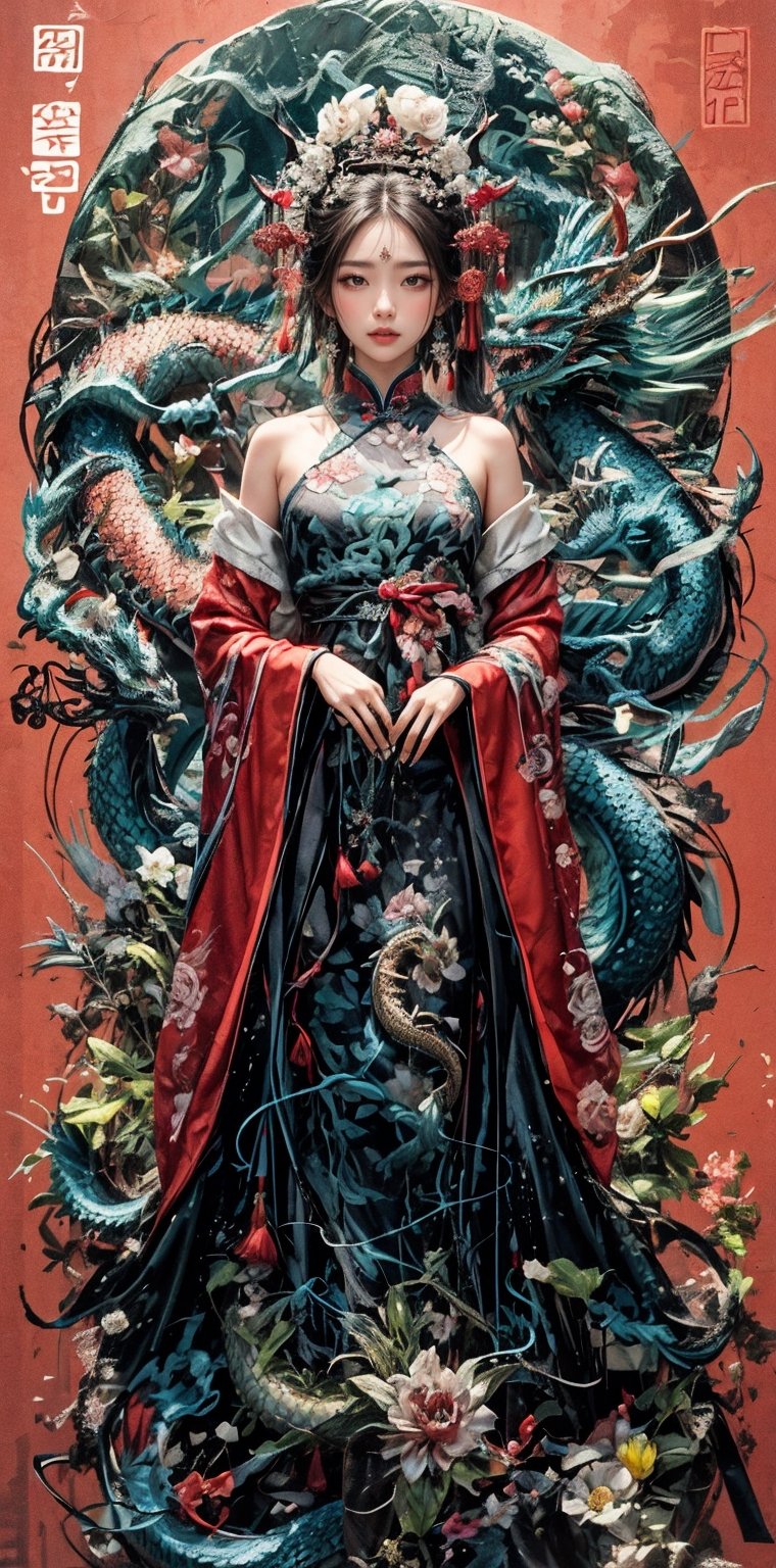 1girl, solo, looking at viewer, black hair, hair ornament, long sleeves, dress, bare shoulders, standing, full body, flower, makeup, chinese clothes, own hands together, shawl, dragon, red lips, eastern dragon
